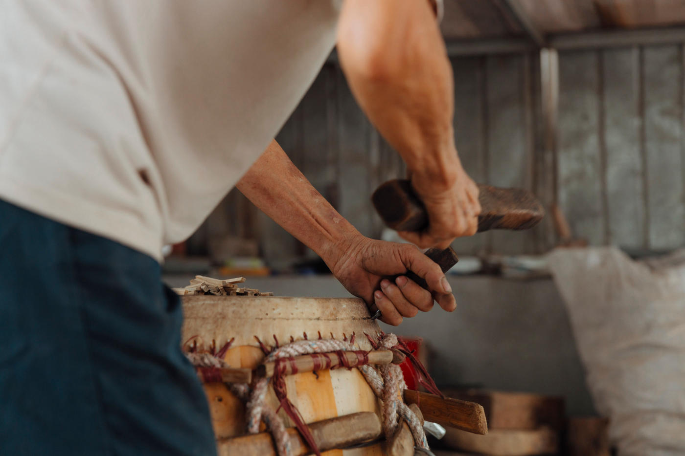 A workshop making traditional drums